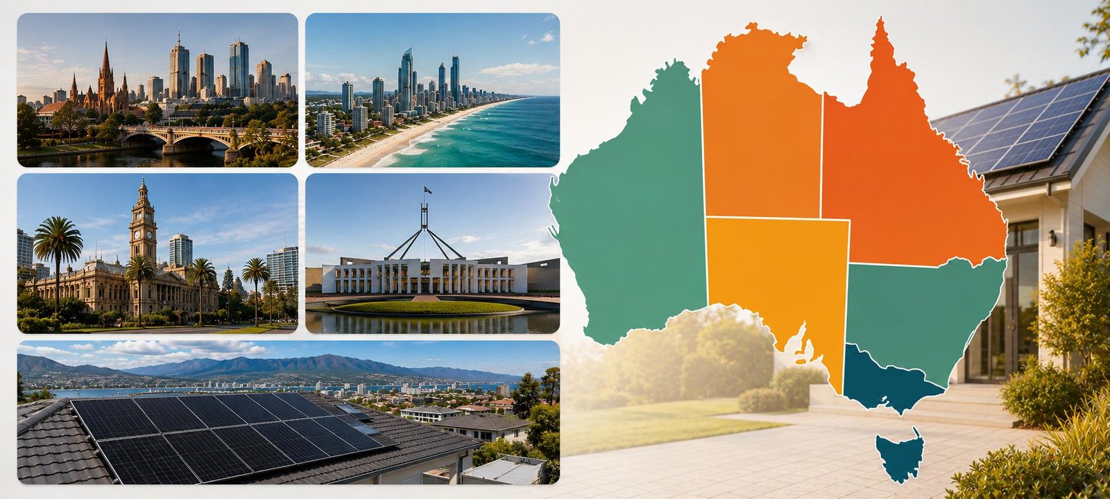 A colour-blocked map of the Australian states and territories beside photos of Australian cities and a solar rooftop