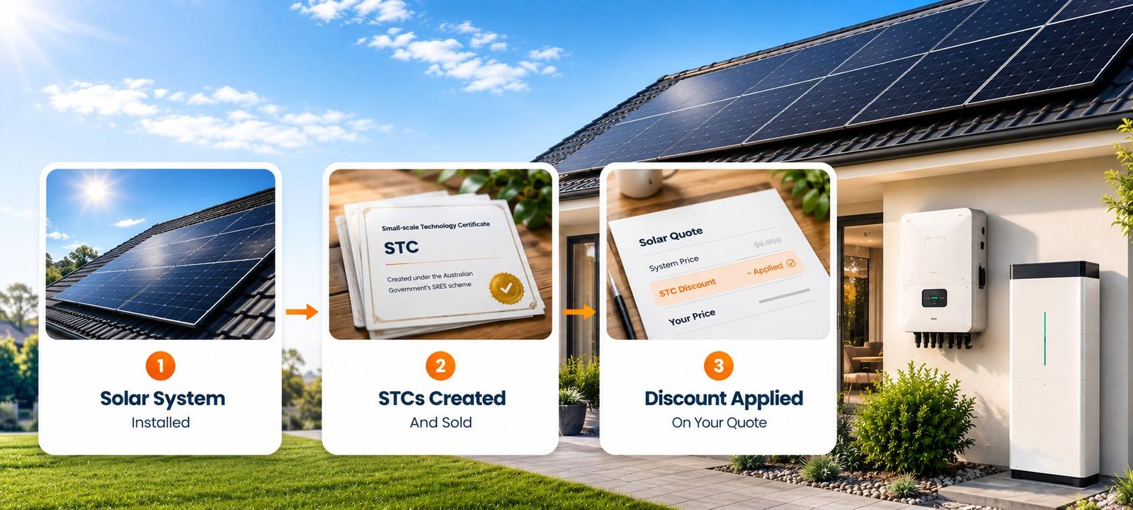 Three steps of the STC rebate: solar system installed, STCs created and sold, and the discount applied on your quote