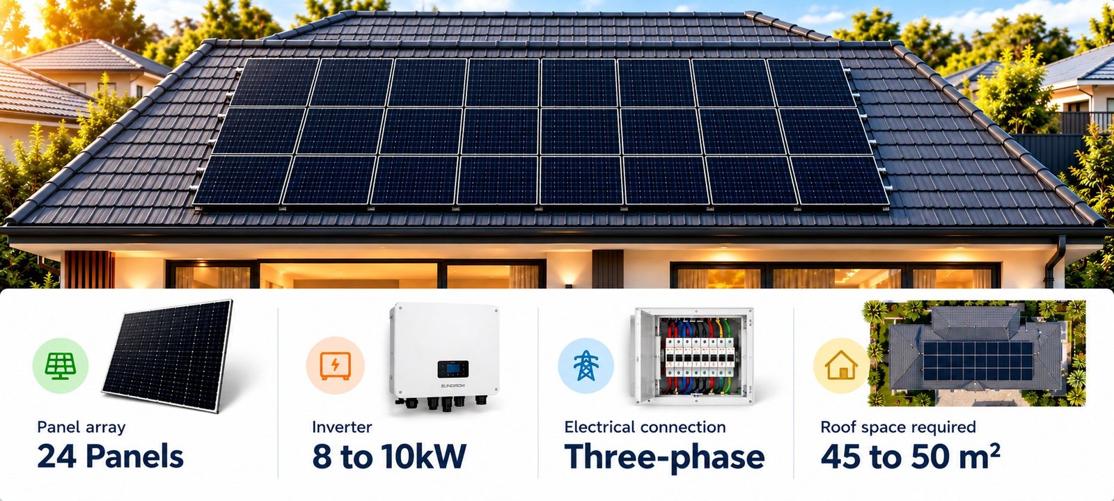 A 10kW solar array on an Australian roof, with its key specifications: 24 panels, an 8 to 10kW inverter, a three-phase connection and 45 to 50 square metres of roof space