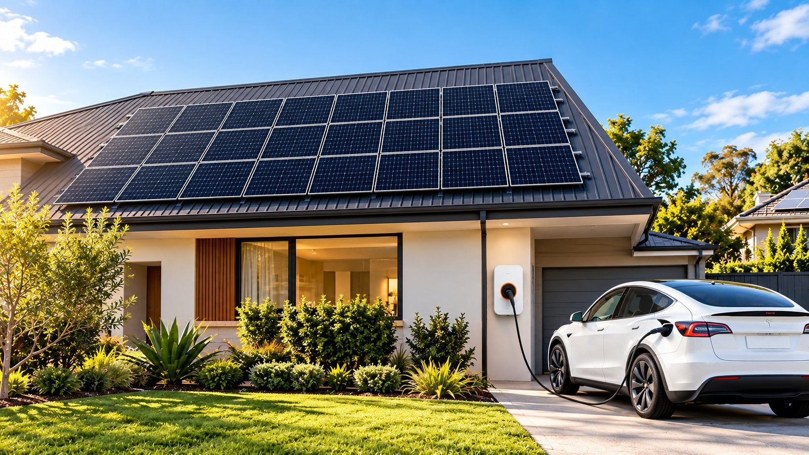 An electric vehicle charging from a wall charger at a home fitted with a rooftop solar array