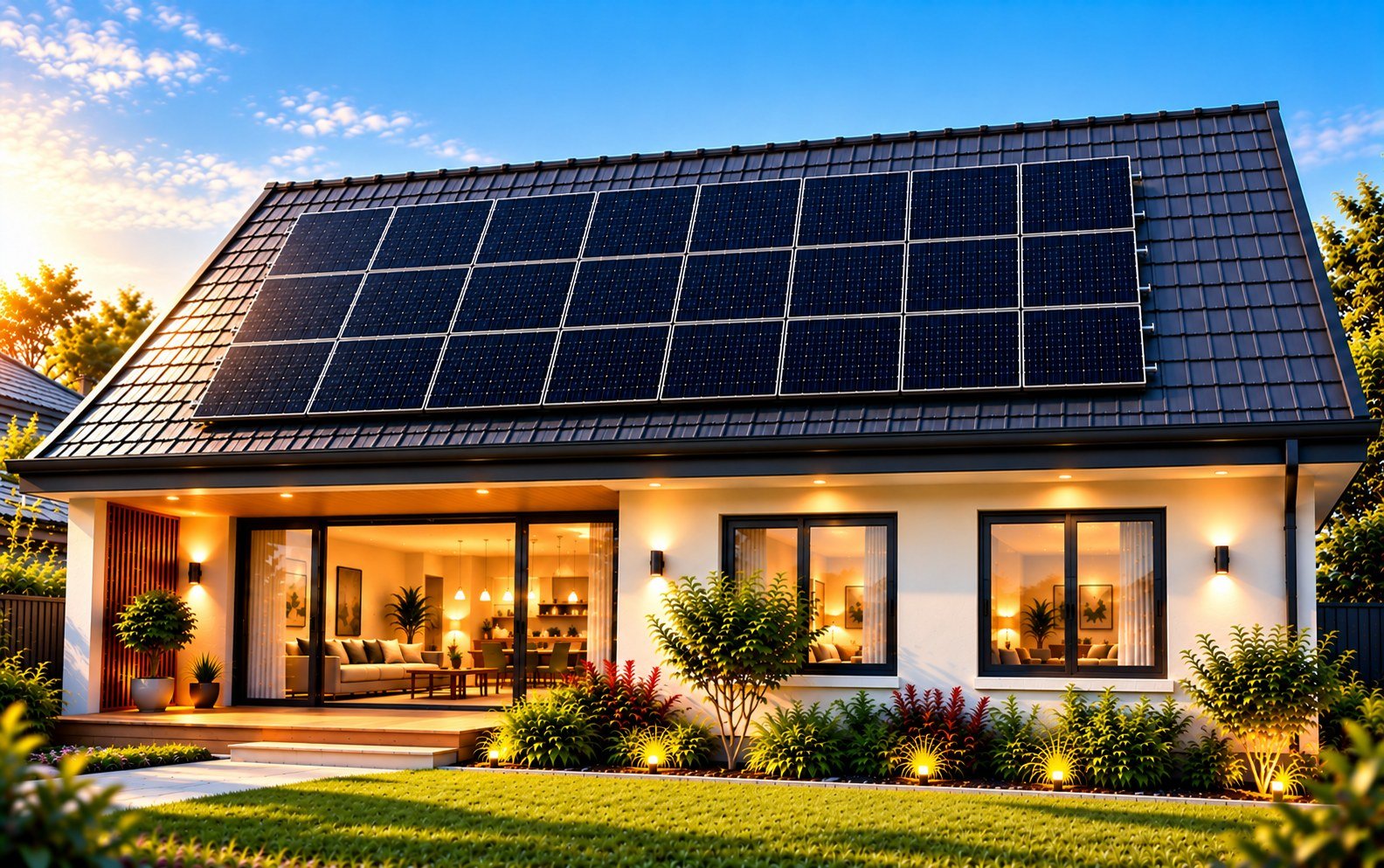 A 10kW solar array installed across the roof of an Australian home at sunset