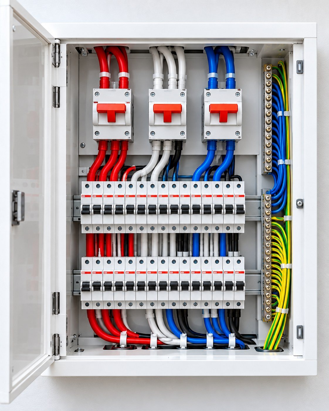 A residential switchboard showing three main switches, indicating a three-phase supply