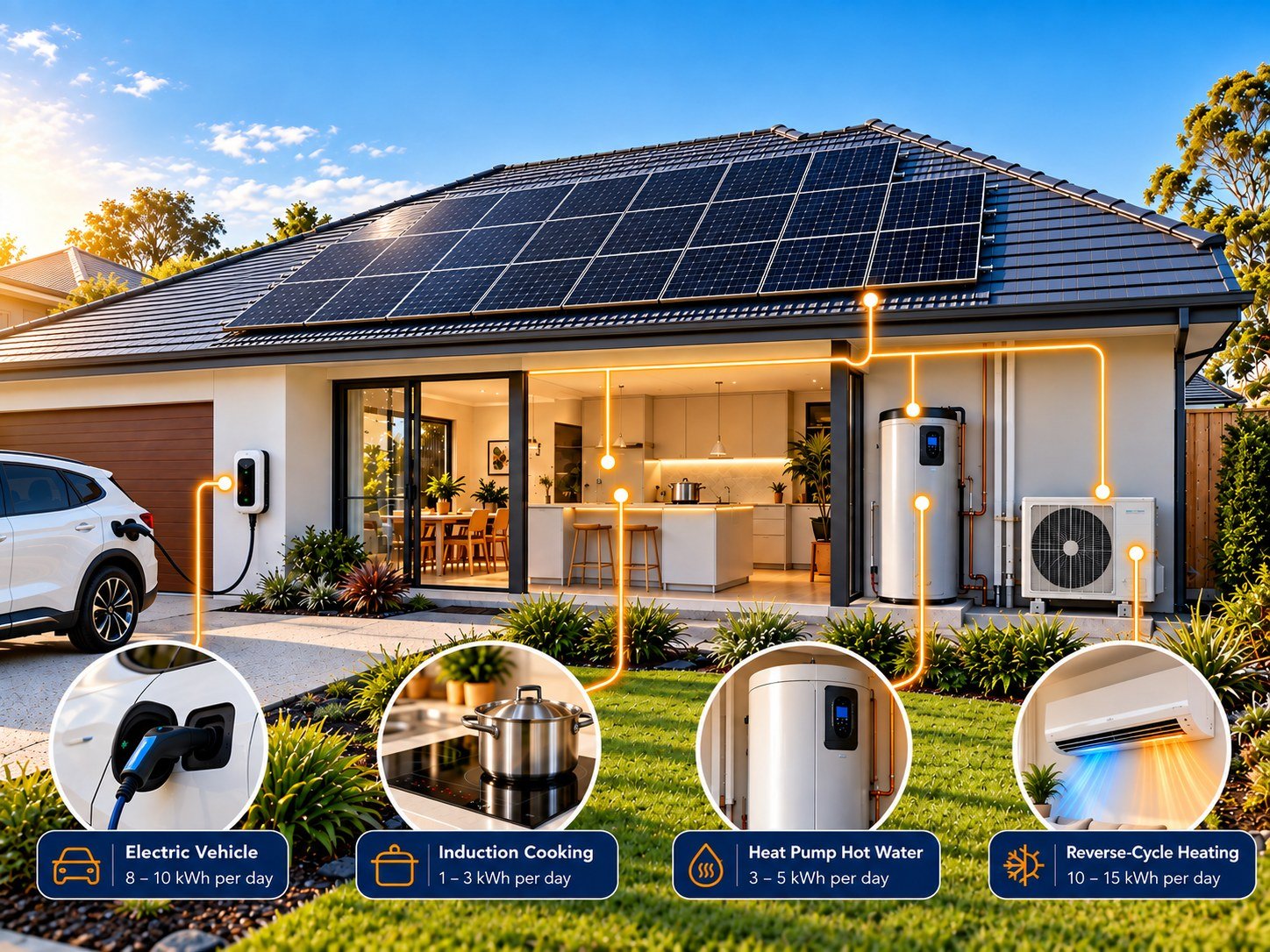 An all-electric home powered by a 13kW solar array, with the typical daily use of an electric vehicle, induction cooking, heat pump hot water and reverse-cycle heating