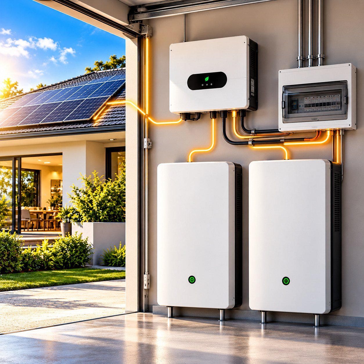 Two home battery units installed side by side in a garage beneath a hybrid inverter and switchboard