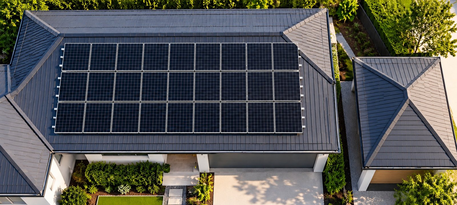 Aerial view of a 13kW array laid out across the main roof plane of an Australian home, with a second smaller roof section beside it