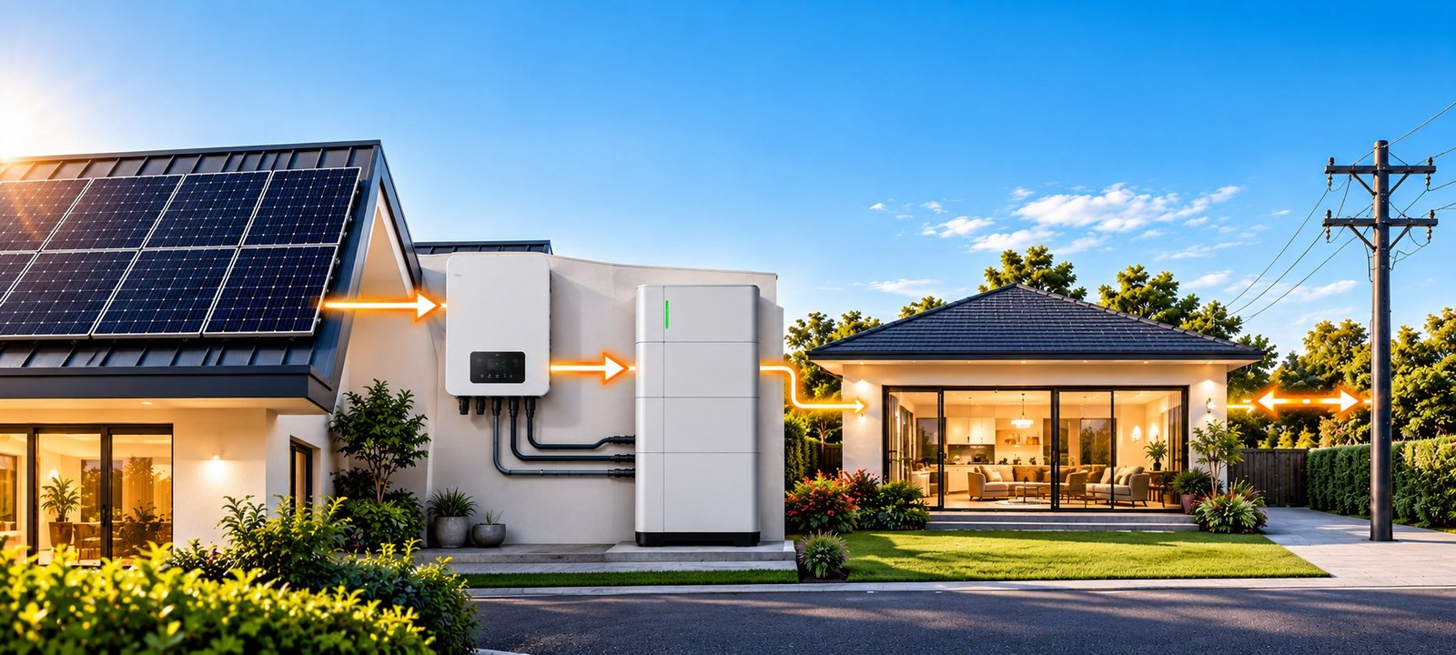Diagram of solar power flowing from the roof through the inverter to a home battery, the home and the grid
