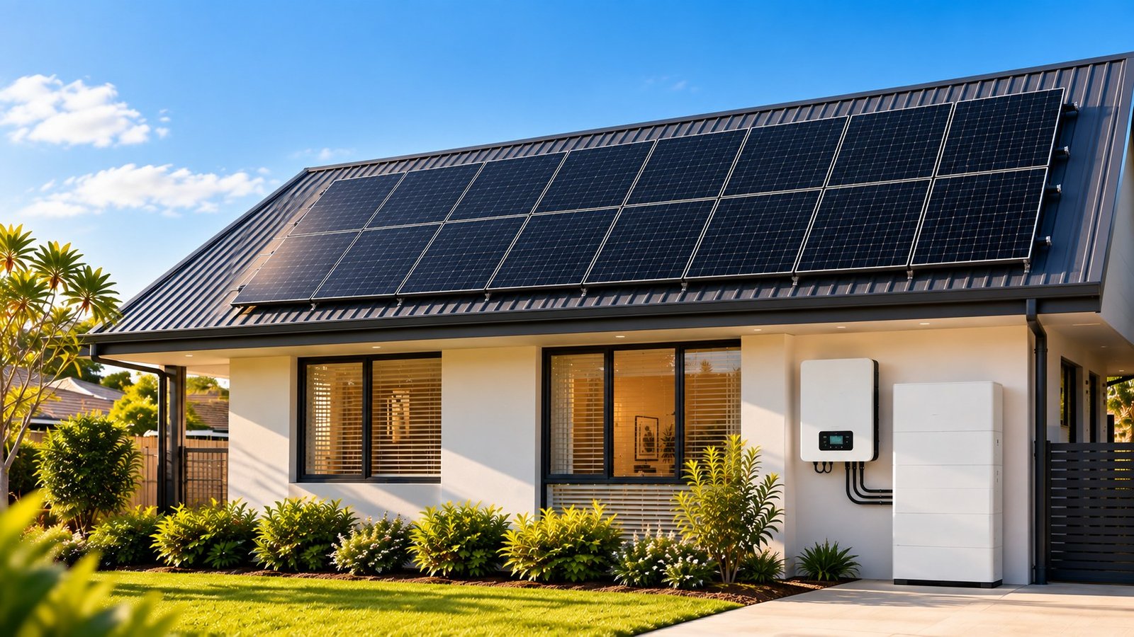 A 6.6kW solar array on the roof of an Australian home, with an inverter and battery on the wall