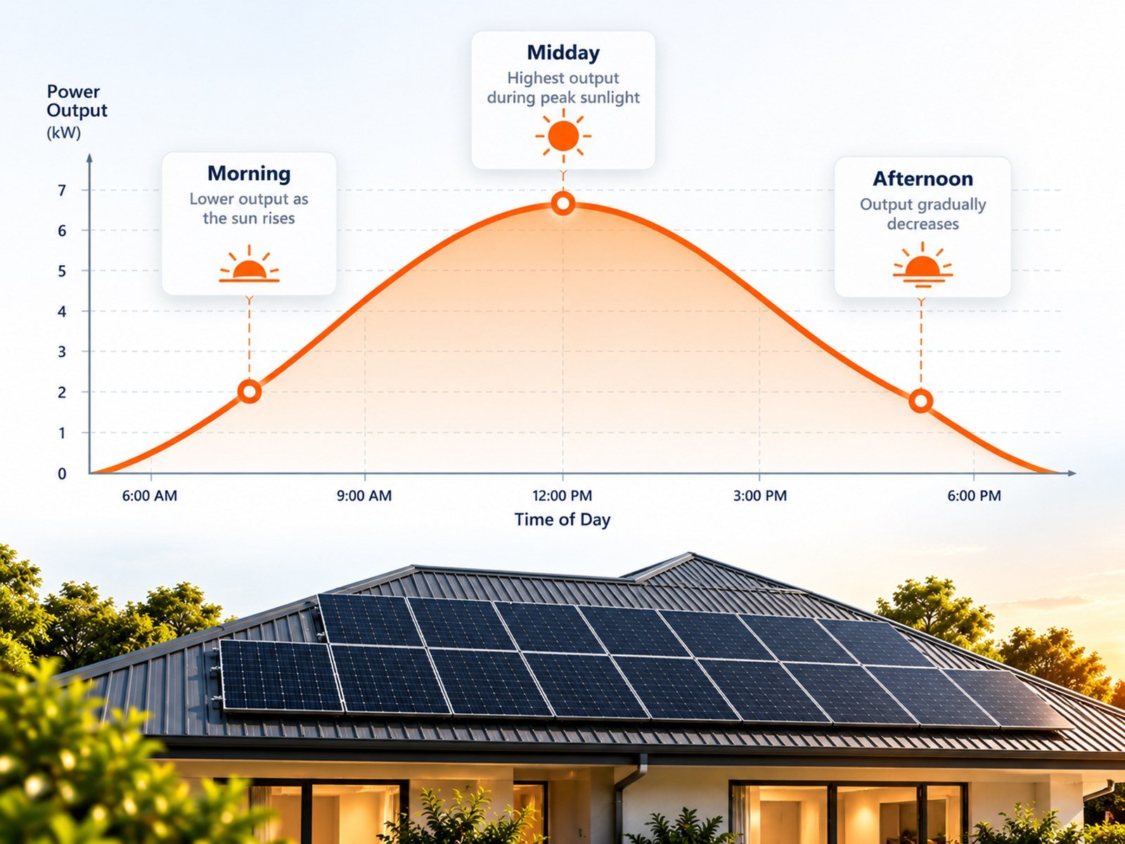 Chart of the power output of a 6.6kW system across a day, rising from morning to a midday peak and falling through the afternoon